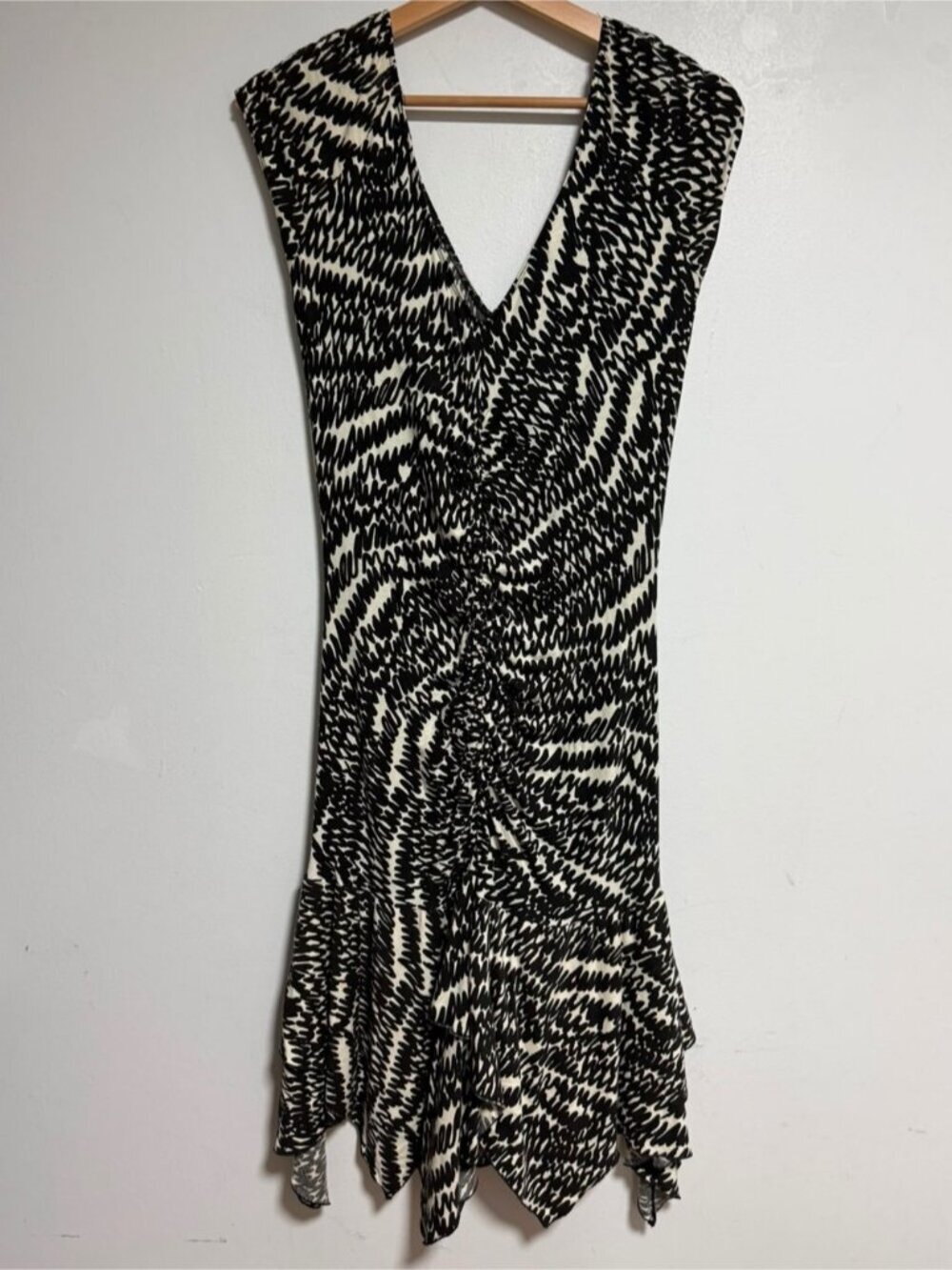 Vintage Betsy Johnson Black / Brown & Cream Abstract Handkerchief Dress Large - Picture 2 of 12